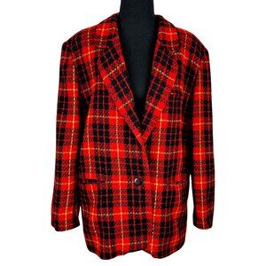 VINTAGE 80s Red Plaid Classic Tweed Blazer